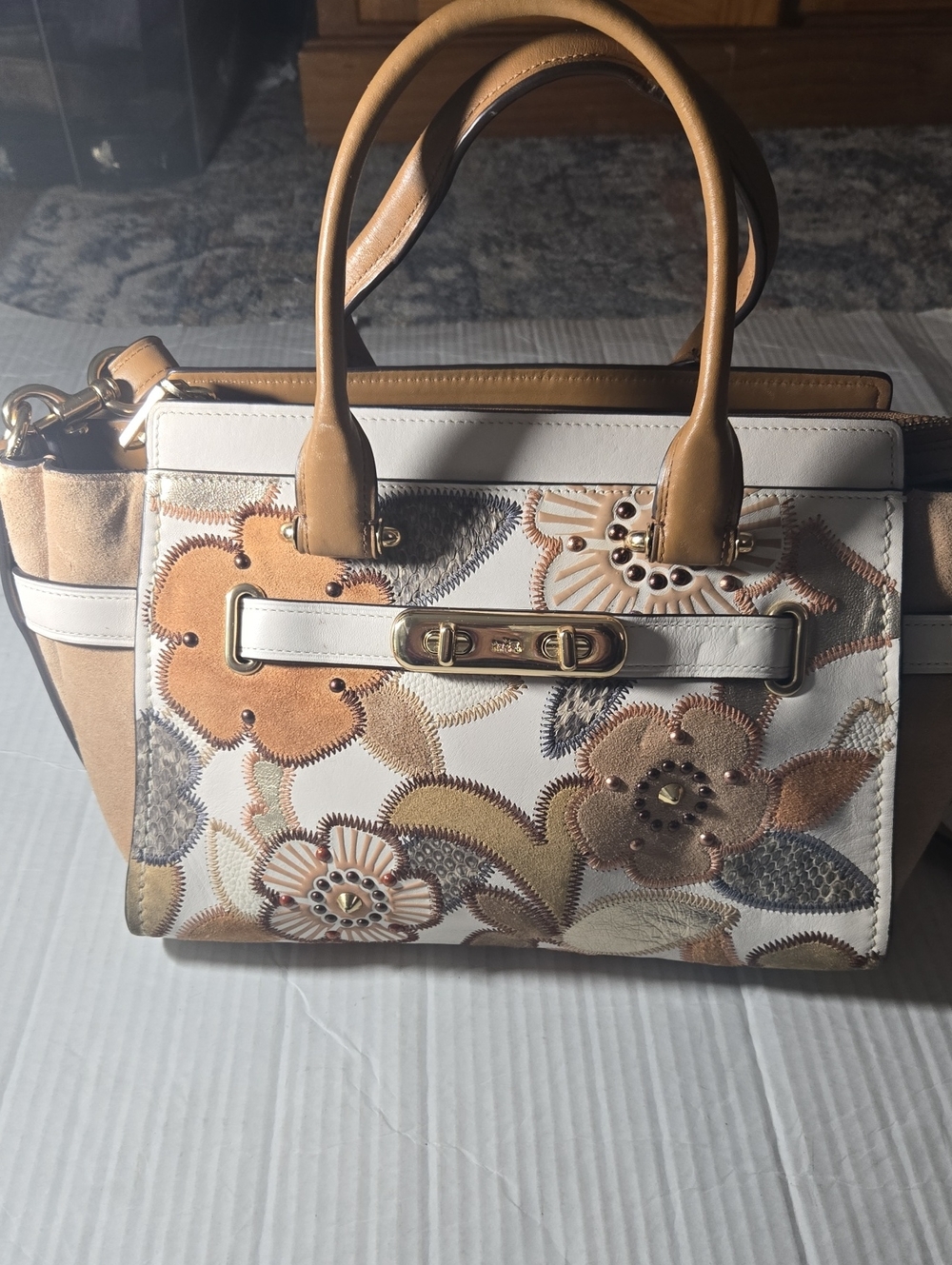 Coach Floral Embroidered Leather Satchel - Tan & White